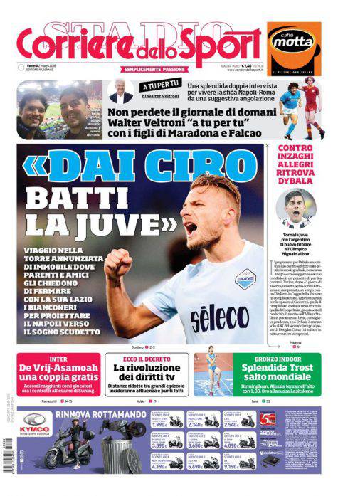 Prima pagina Corriere dello Sporrt, venerdì 2 marzo