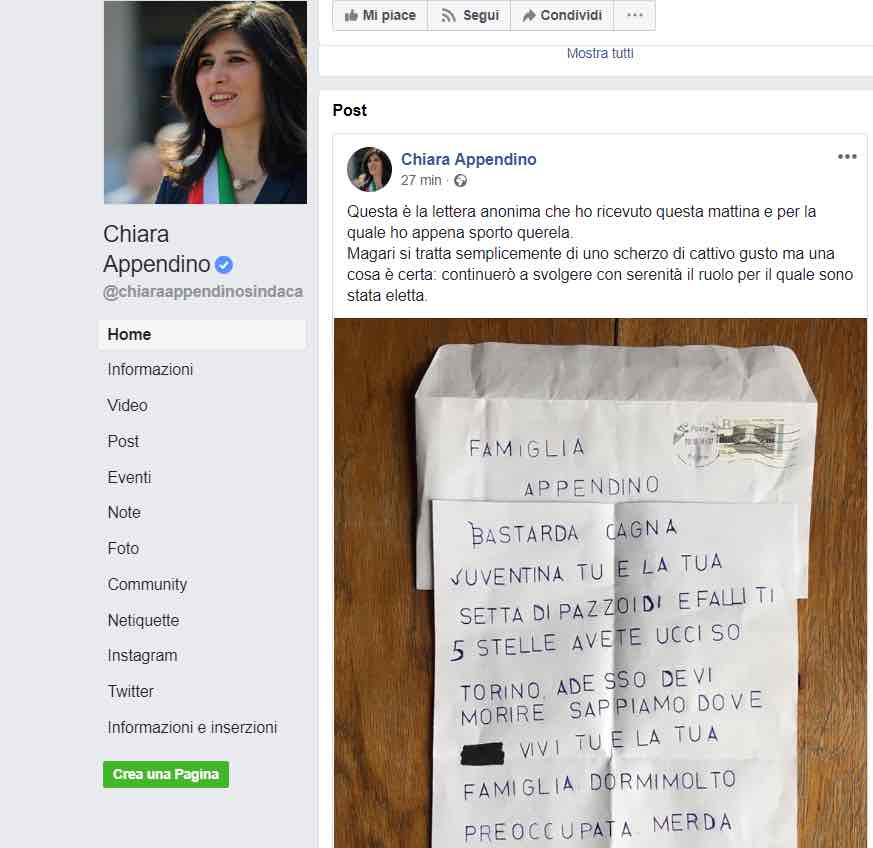 chiara appendino sindaco torino minacce di morte