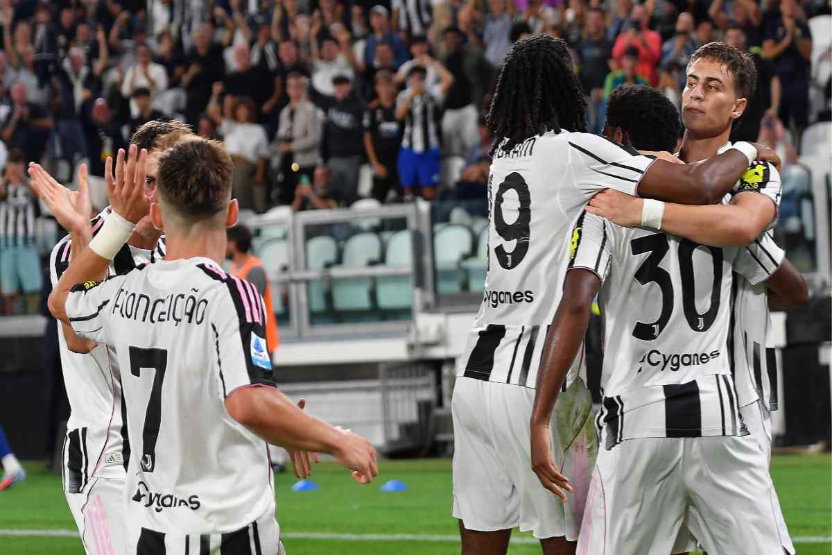 David festeggiato dai suoi compagni della Juve